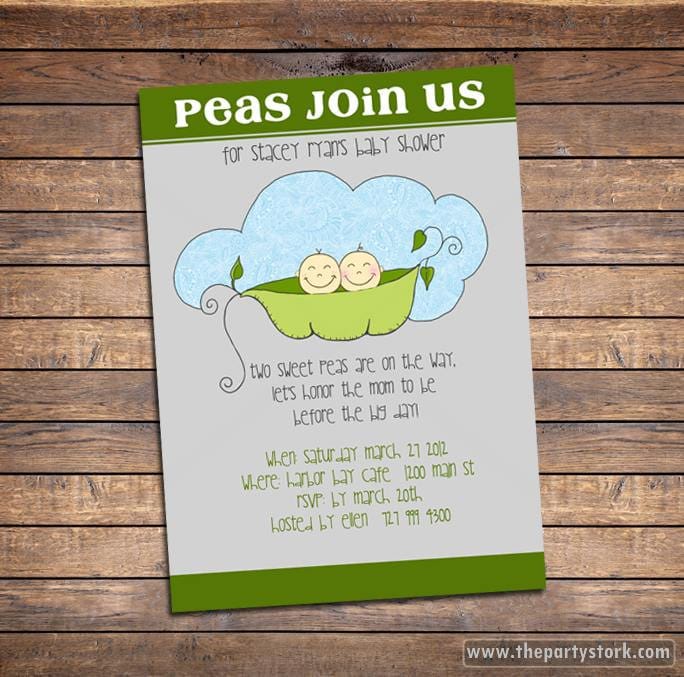 Twin Baby Shower Invitation, Printable Two Peas in A Pod Invitations, Green & Grey, Gray, More Twin Invites Decorations Available