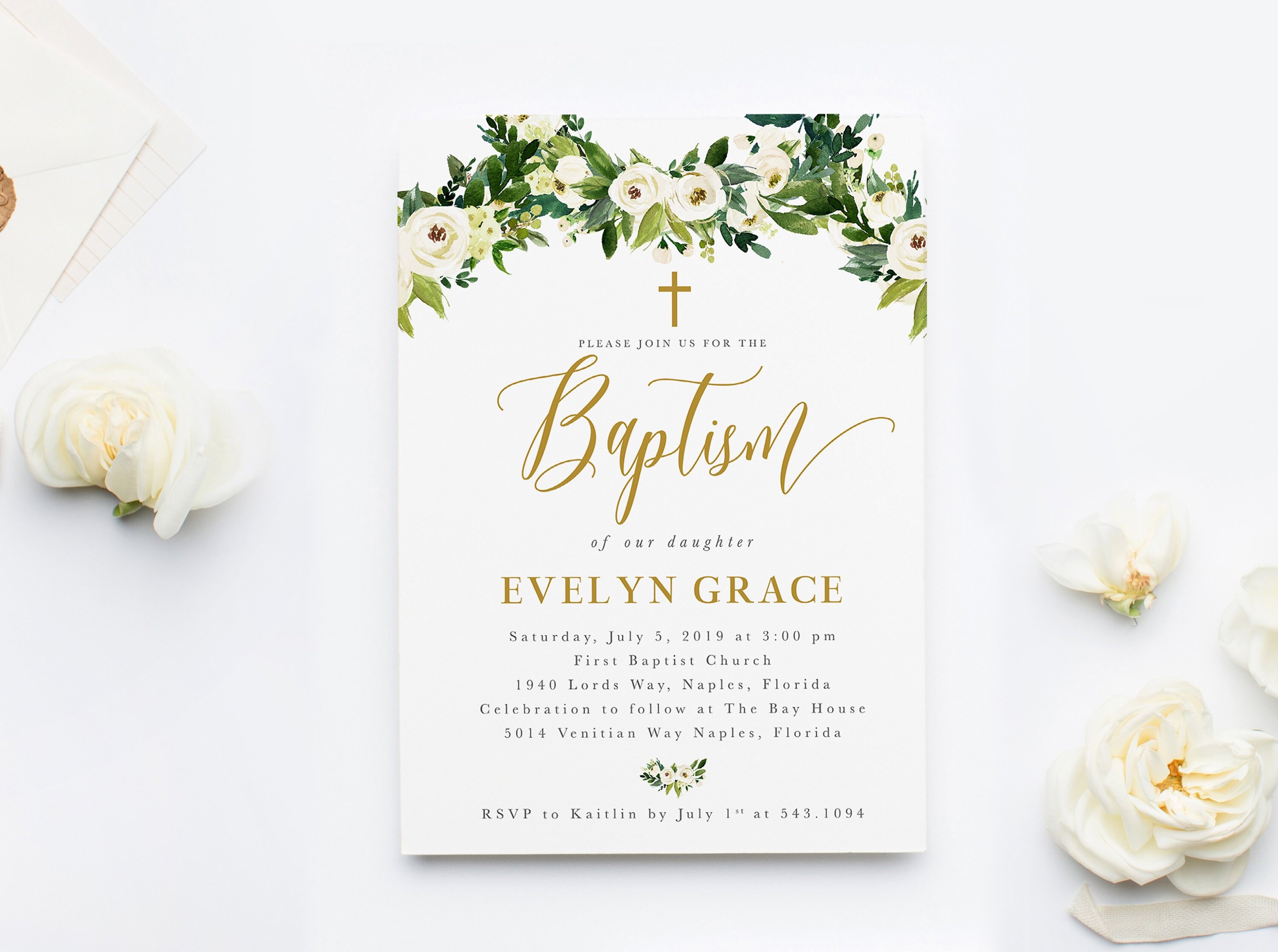 Floral Baptism Invitation, Girl Greenery Twins Invite, Boy Invitation - Evelyn