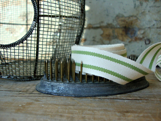 Organic Cotton Blend Natural & Green Ticking Ribbon