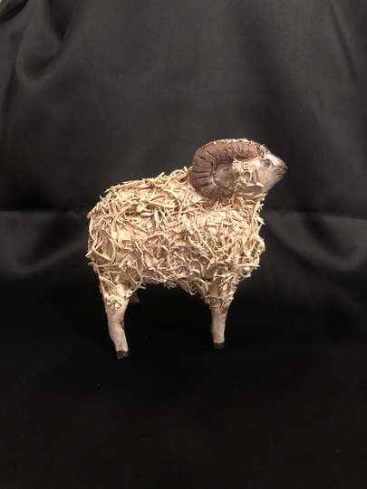 Folk Art Wood Carved Ram Statue Shavings Artisan Signed French Farmhouse Decor Decorator Figural