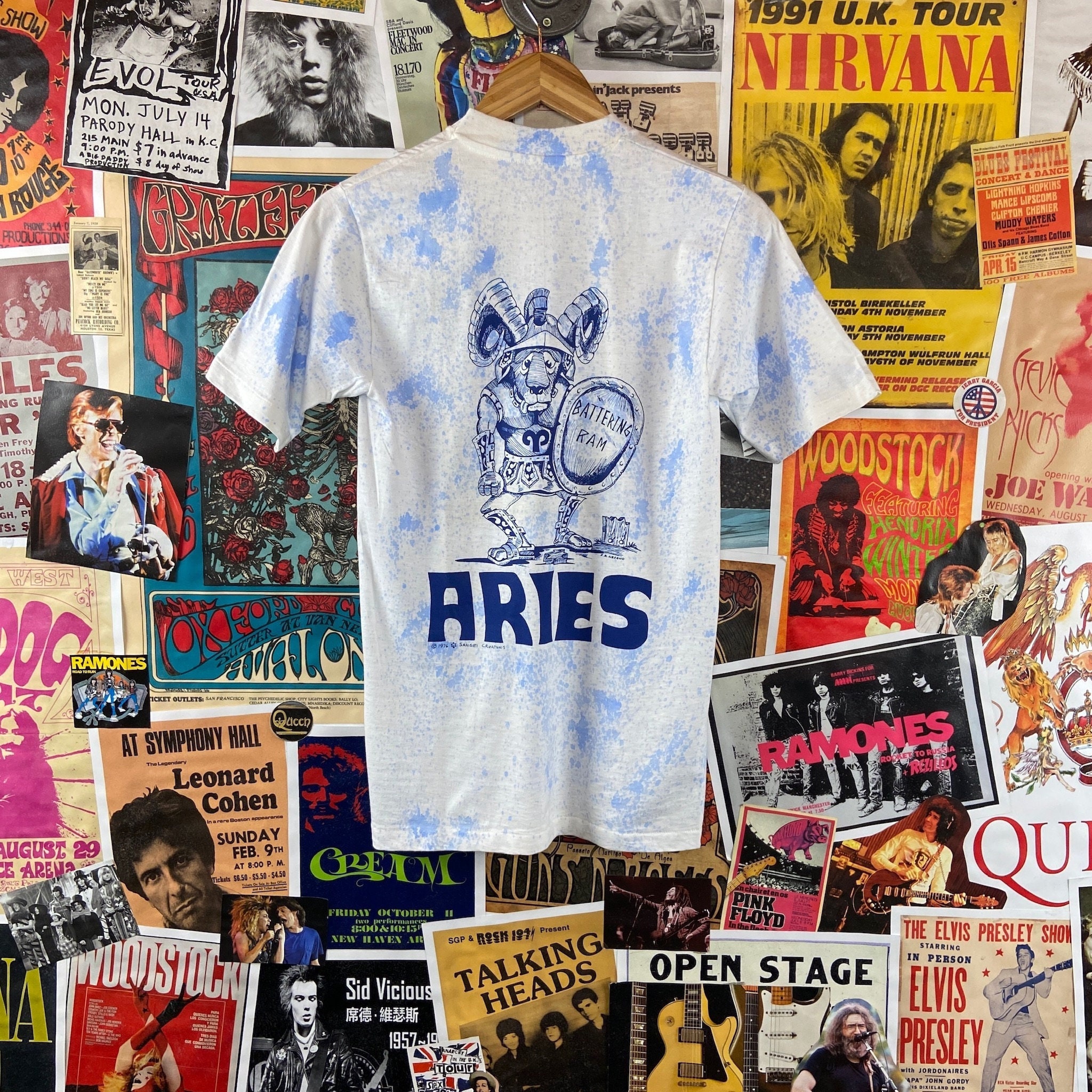 Vintage 1970S Blue + White Splatter Aries Ram Zodiac Astrology Hanes Gold Tag All Cotton Single Stitch Graphic T-Shirt, 70S