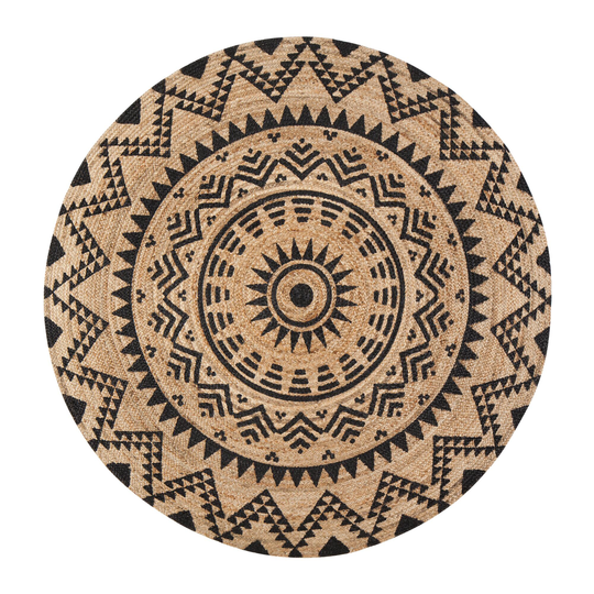 Round Natural and Black Jute Cortez Area Rug: Black/Natural - Natural Fiber by World Market