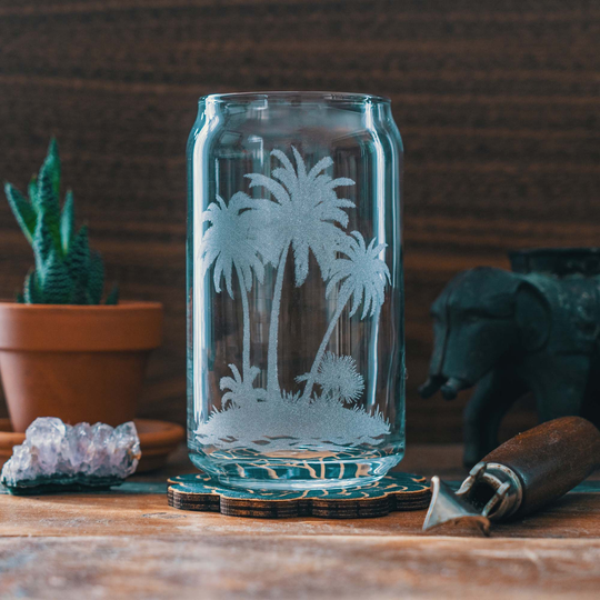 Palm Tree Beer Can Glasses | Personalized Etched Glassware For Beer & Cocktails. Beach & Travel Gift. Coastal Living Barware Home Decor