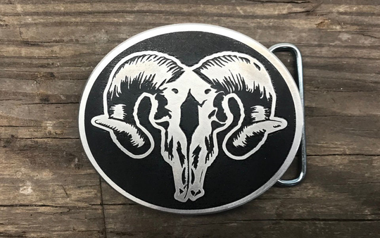 Ram Skull Custom Belt Buckle Made From Heavy Duty Aluminum Plate & Acid Etched To Create The Illustration - Rams Head