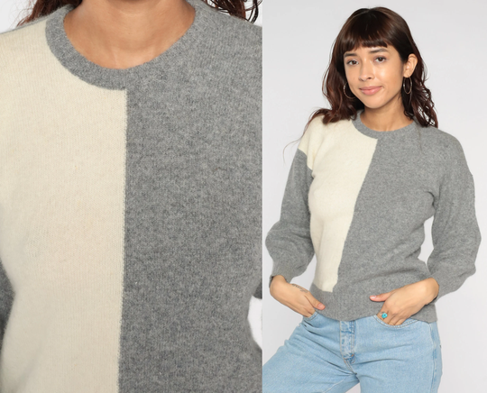 Color Block Sweater 80S Wool Blend Knit Grey Cream Pullover Jumper Simple Plain Basic Knitwear Neutral Grunge Vintage 1980S Small S