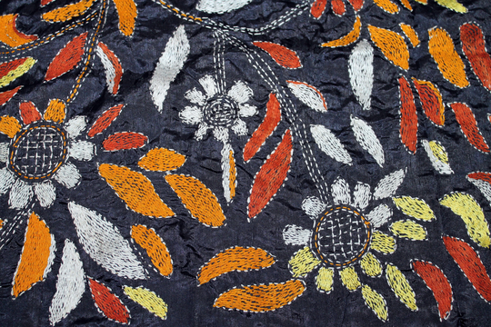 Vintage, Boho, Black, Silk Blend, Hand Embroidered in Floral Motifs, Stole, Scarf, Wrap, Shawl, Table Runner, Bed Runner