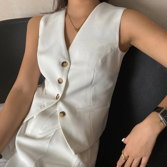 Women's Suit Vest Jacket Nylon Blended V Neck Solid Black White Short Vest Thin Korean Slim-Fitting For Casual Clothing 2021 - white, m