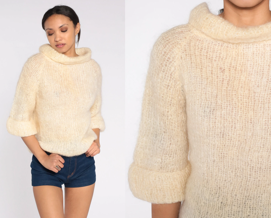 70S Knit Sweater Cream Wide Turtleneck Boho Retro Mohair Blend Pullover Jumper Basic Knitwear Vintage 1970S Plain Medium Large M L