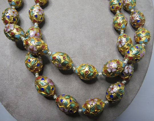 Gold Floral Cloisonne Chinese Beads Long Necklace Ta2