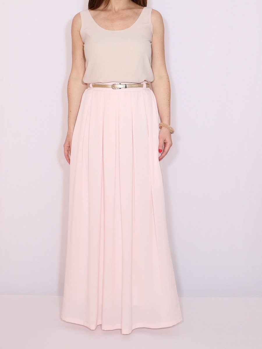 Peach Chiffon Maxi Skirt With Pockets, Long Pleat Skirt, Pastel