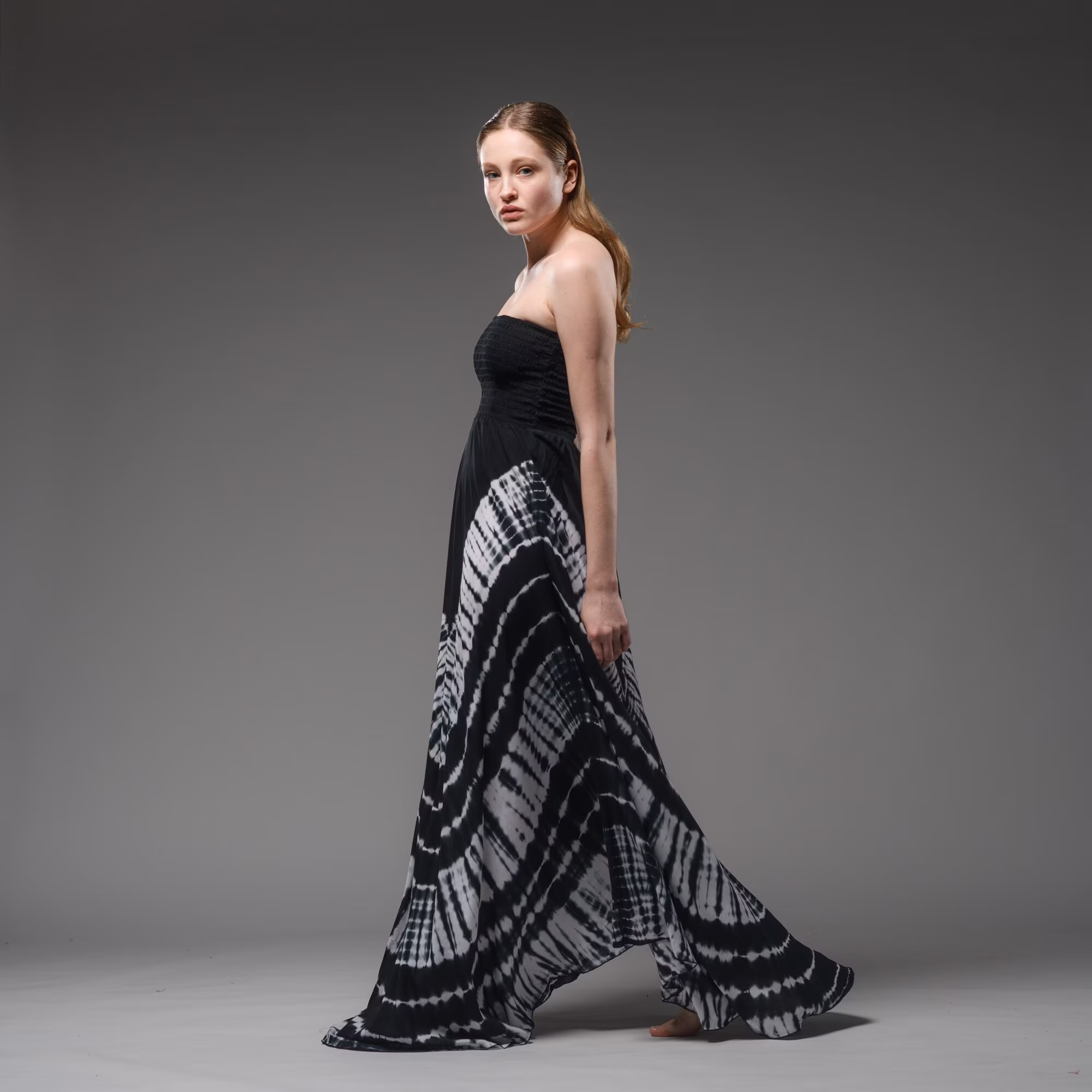 Smocked Bodice Dress |Tie Dye Strapless Maxi | Resort Wear Hand Dyed Elegant Chic Long Black & White Tie