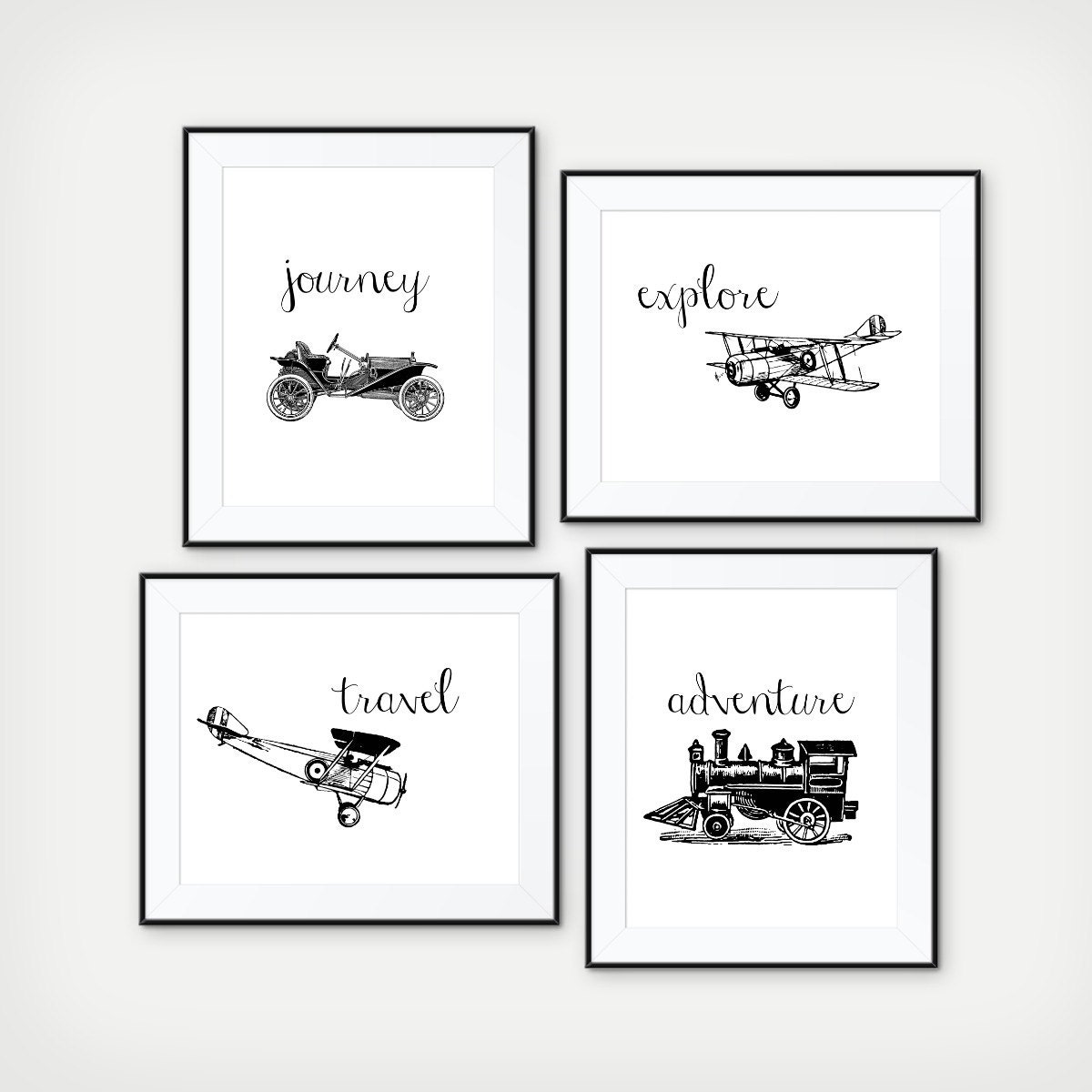Explore The World - Transportation Prints Kids Room Decor Playroom Train, Air Plane, Classic Car Nursery Print Set Of 4