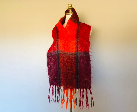 Scarf Wrap Mohair Wool Blend Ayres 9 By 72 Inches Pink Maroon Red Plaid Made in Great Britain Fringed Vintage Accessory