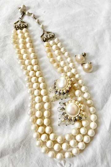 Mid Century Earrings & Three Strand Necklace