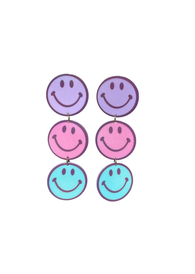 60S Smiley Chain Earrings Groovy Pink Blue Purple Pastels