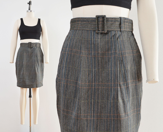 Vintage Black Plaid Skirt | Cotton Blend Belted Pleated Pencil With Pockets Size Small
