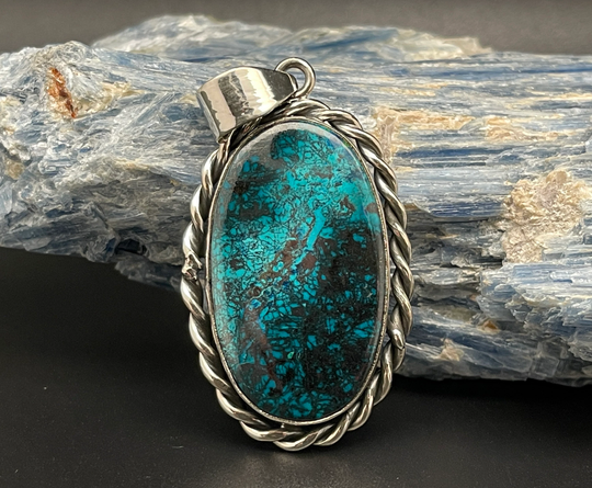 Shattuckite Pendant // 925 Sterling Silver Turquoise Natural Blue Stone