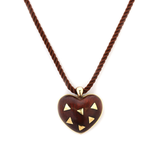 24280. Vintage Van Cleef & Arpels 18K Yellow Gold Puffed Wood Heart Cord Necklace