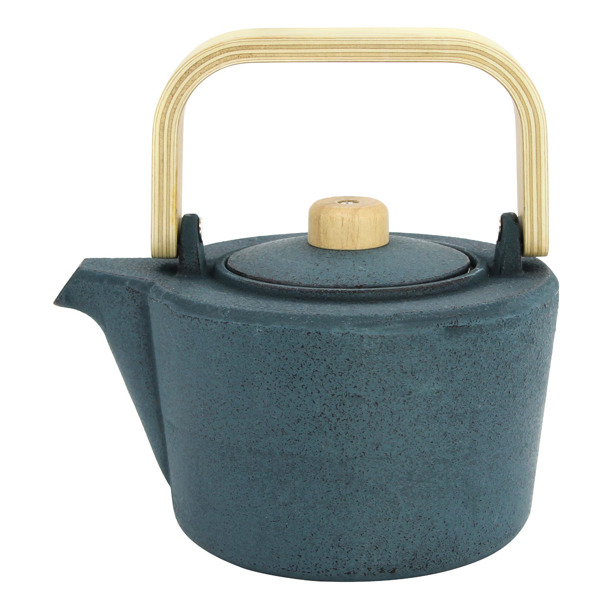 Dark Turquoise Cast Iron and Wood Infuser Teapot: Blue by World Market