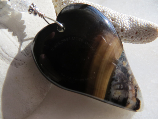 Black Agate Heart Necklace, Leather Sweetheart Valentine's Gift, Valentine Sterling Silver Necklace