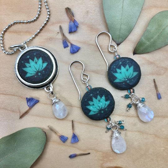 Lotus Jewelry Set|Czech Glass & Moonstone|Purity Trancendence|Buddhist Symbol|Flower Earrings|Nature Gift For Her|Lotus Necklace