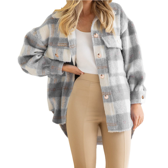 Womens Flannel Wool Blend Plaid Button Down Shacket Jacket Thick Coat - Gray, S - small grey