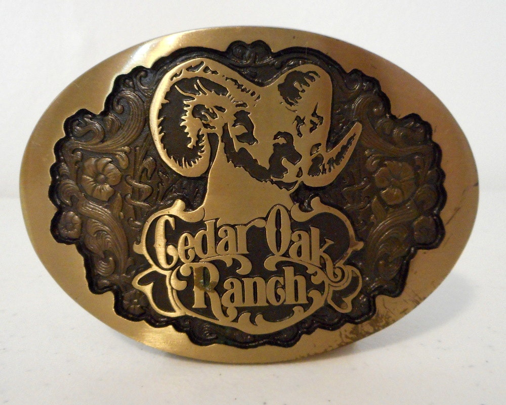 Cedar Oak Ranch Belt Buckle Vintage Blue Bayou Brass Houston Texas Sheep Ram Cowboy