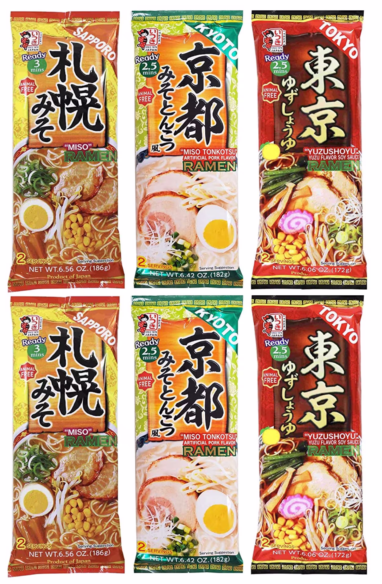 Japanese Ituski Instant Ramen Variety 6 Pack Set(Kyushu Tonkotsu Pork, Yuzu Shoyu & Sapporo Miso - Free Shipping