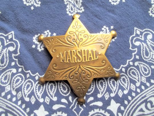 Brass Western Embossed Raised Lettering Marshal Badge Pin Star Art Artistry Lawman Law Old West Men Women Shearling Denim Coat Shirt Purse