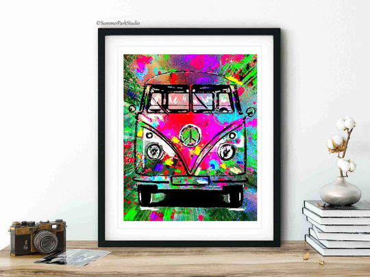 Colorful Hippie Style Bus Van, Peace Sign Car Ornament, Wall Art, Boho Decor
