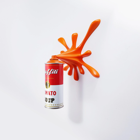 Orange Warhol Graffiti Tomato Soup Splash Spray Can Sculpture
