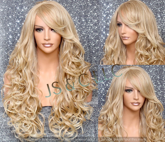 Beautiful Human Hair Blend Blonde Mix Long Full Wig Heat Resistant 28" With Curls & Bangs Side Parting
