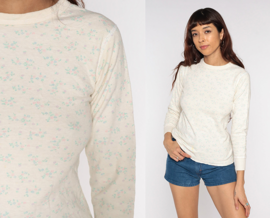 Floral Thermal Shirt Wool Blend Knit Pastel Long Sleeve 80S T Undershirt Top Warm Retro Tee Vintage Normcore Medium
