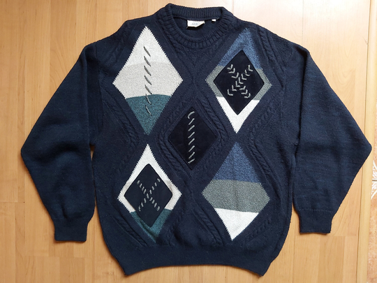 Vintage Gardeur Geometric Wool Blend Crewneck Sweater Navy Blue Color Block Abstract Knitted Pullover Jumper 1990S Made in Italy Sz 50 L/xl