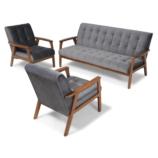 Baxton Studio Asta Midcentury Polyester/Polyester Blend Grey/Walnut Living Room Set in Gray | 160-9941-9943-LW