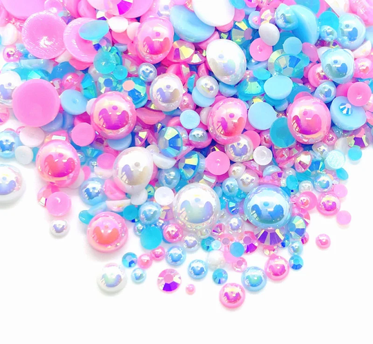Cotton Candy Blend Rhinestone Mix 2mm-10mm Flatback Jelly Resin | Faux Pearls Rhinestones Mixed Sizes White Blue Pink
