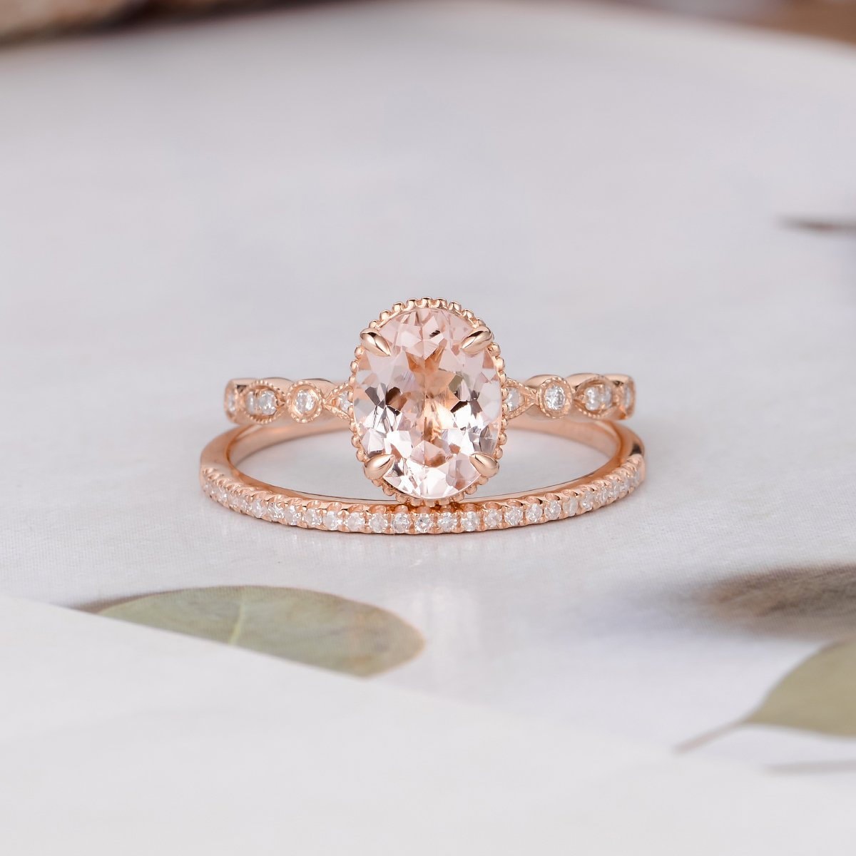 Oval Cut Morganite Engagement Ring Rose Gold Bridal Set Art Deco Diamond Floral Flower Unique Antique Wedding Women 2Pcs Anniversary
