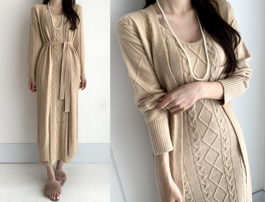 Women Knitted Cotton Blend Sleeveless V-Neck Dress & Long Sleeve Cardigan/ A Set Very Soft Comfortable Crus Length With Belt