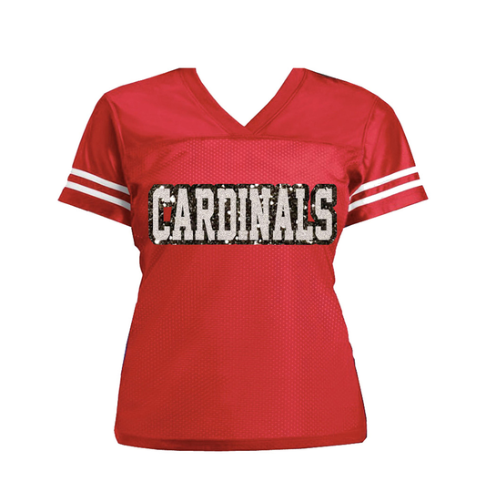 Glitter Cardinals Football Jersey, Choose Team, Women's Mesh V-Neck Shirt, Arizona Red, Gold & White