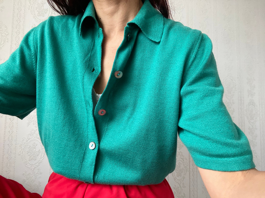 Vintage Green Wool Cotton Blend Knit Polo Short Sleeve/ L