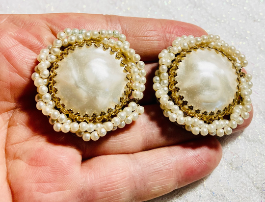 Miriam Haskell Baroque Pearl Earrings. Large Clip On Faux Pearls. Collectors Item. Gift For Her