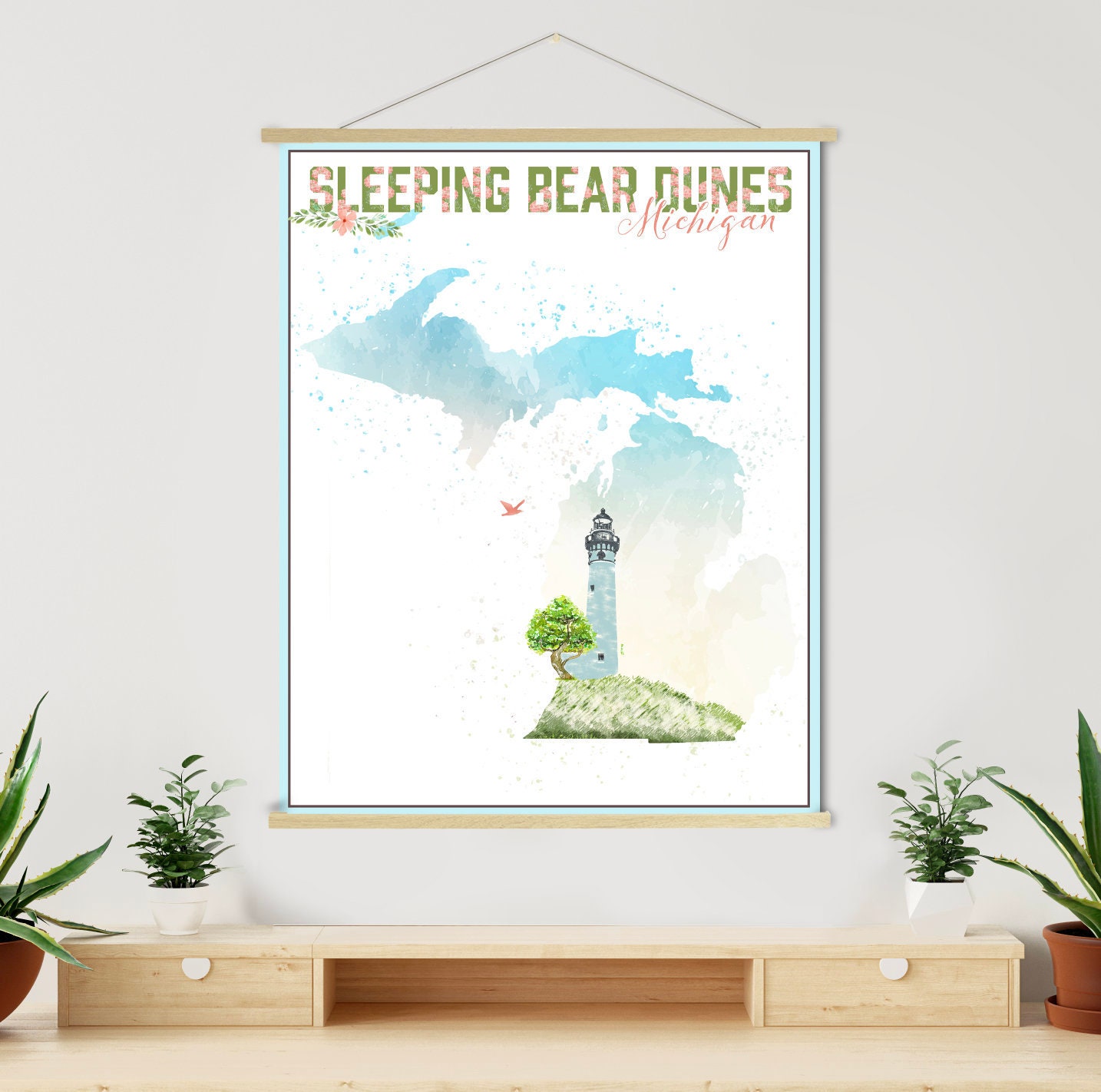 Sleeping Bear Dunes Michigan Watercolor Print | Hanging Poster Frame Of Printed Marketplace