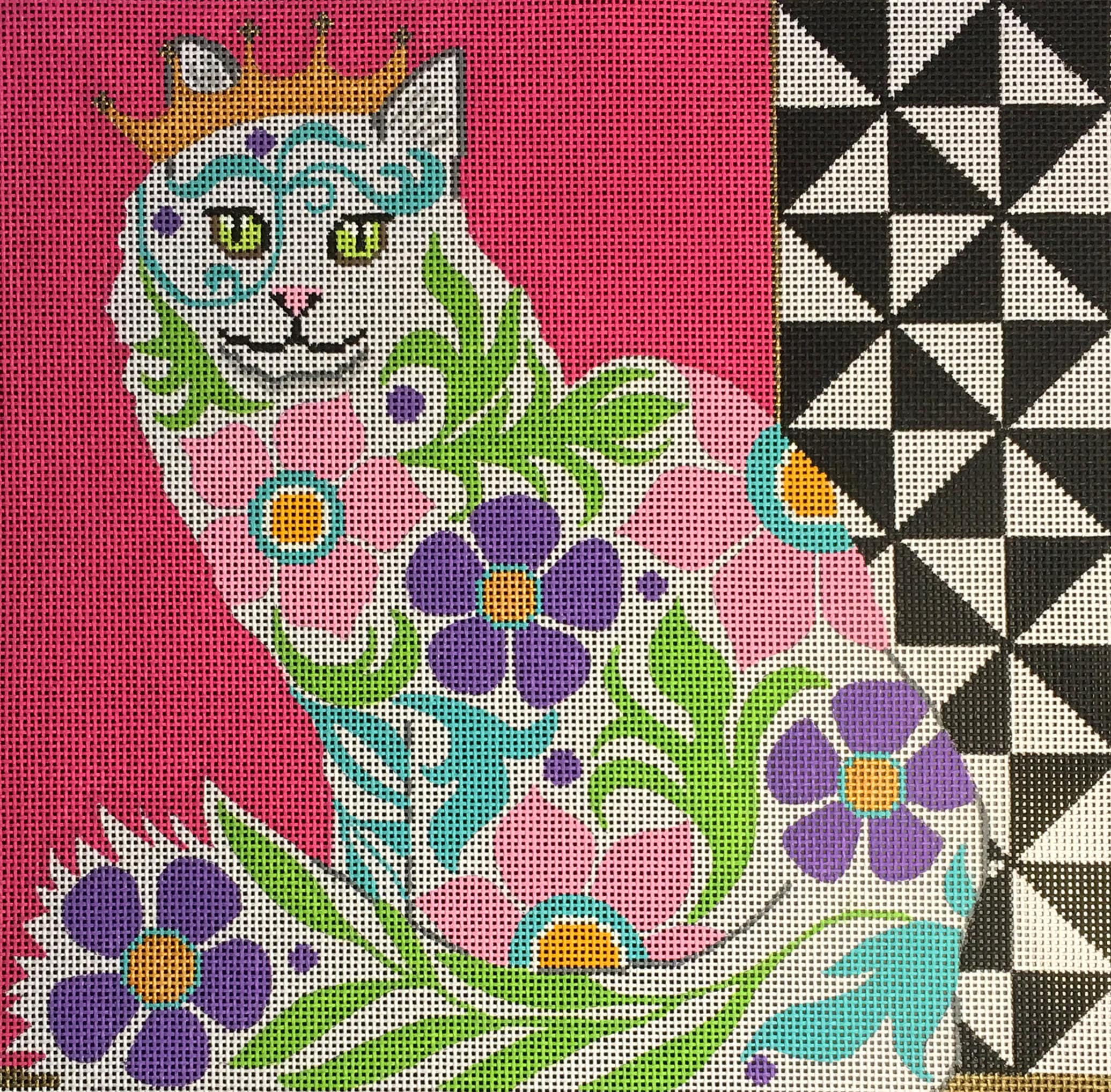 Needlepoint Handpainted Amanda Lawford Graphic Cat 12x12 -Free Us Shipping