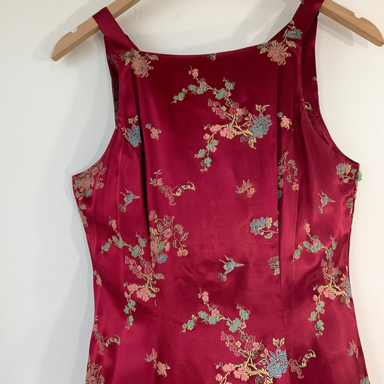 Long Asian Dress Cheongsam Style Bordeau Satin High Back Dress Cherry Blossom Print Zipper Evening Wear USA Made Chest 32"