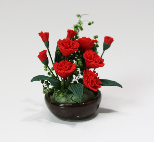 Dollhouse Miniature Red Rose Floral Arrangement in A Dark Brown Bowl