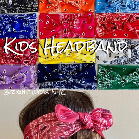 Kids 2 Piece Bandana Stretch Tie Headband, Print, Paisley Black Bandana, Boho, Hair Band, Turban Headwrap, Accessory