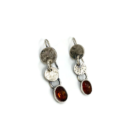 sterling Silver Double Disc Drop Earrings With Orange Kyanite. Ooak