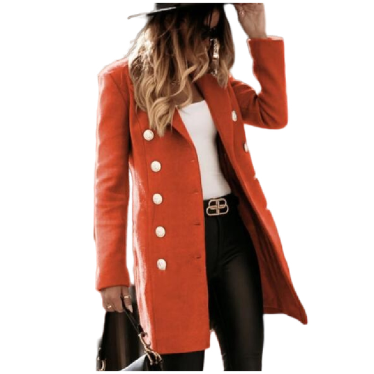 Women Elegant Double Breasted Wool Blend Coat - Orange, M