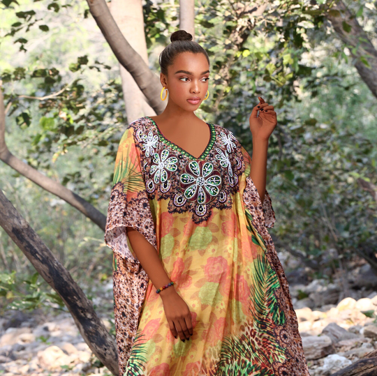 Silk Embellished Kaftan Silk Cruise Wear For Maxi Dress Beach