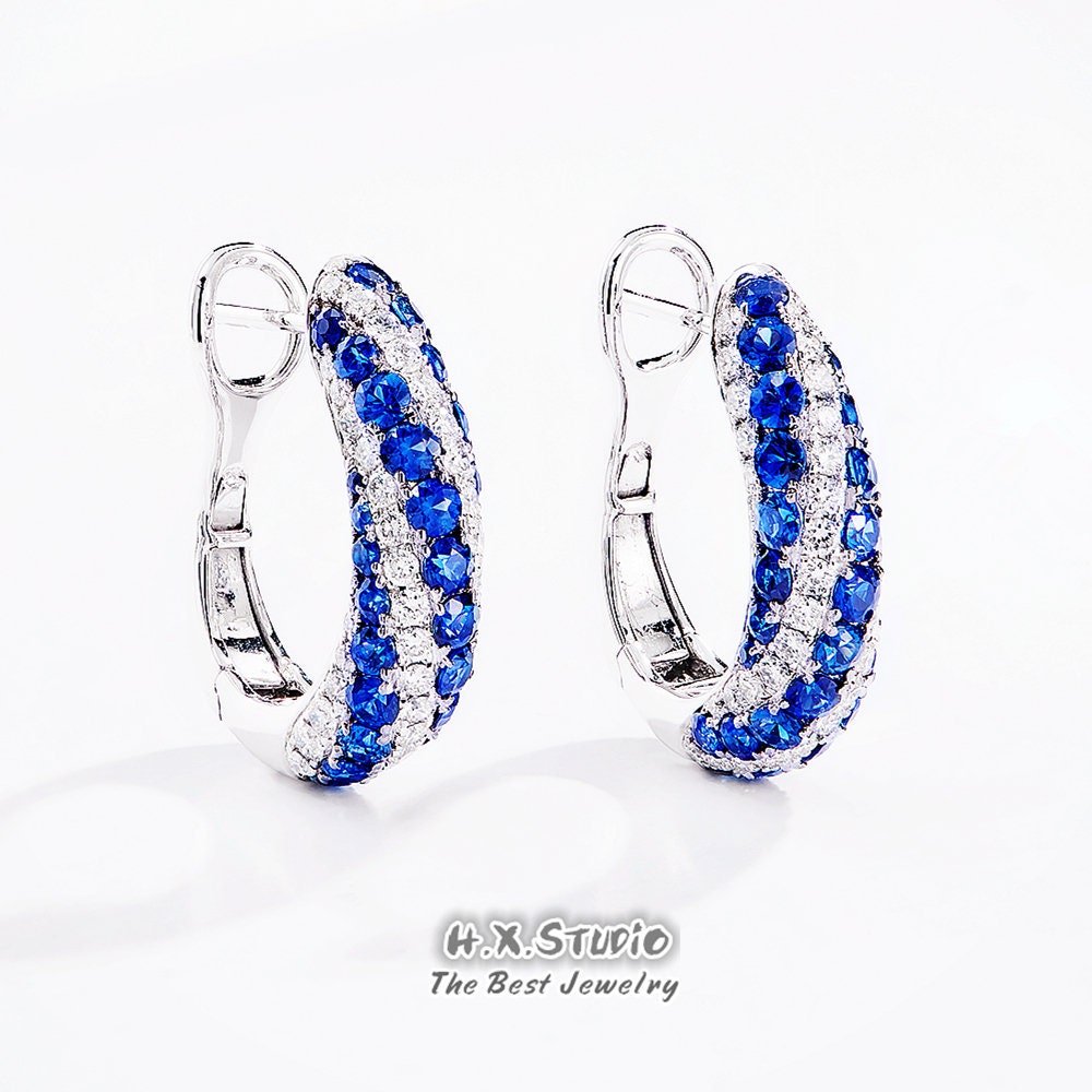 Diamond & Blue Sapphire Hoop Earrings, Solid 18K Gold, Genuine Diamond, Elegant Jewelry, Gemstone, Gift For Her, Customization Jewelry